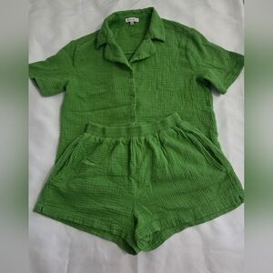 Green Button-Up Shirt and Shorts Set